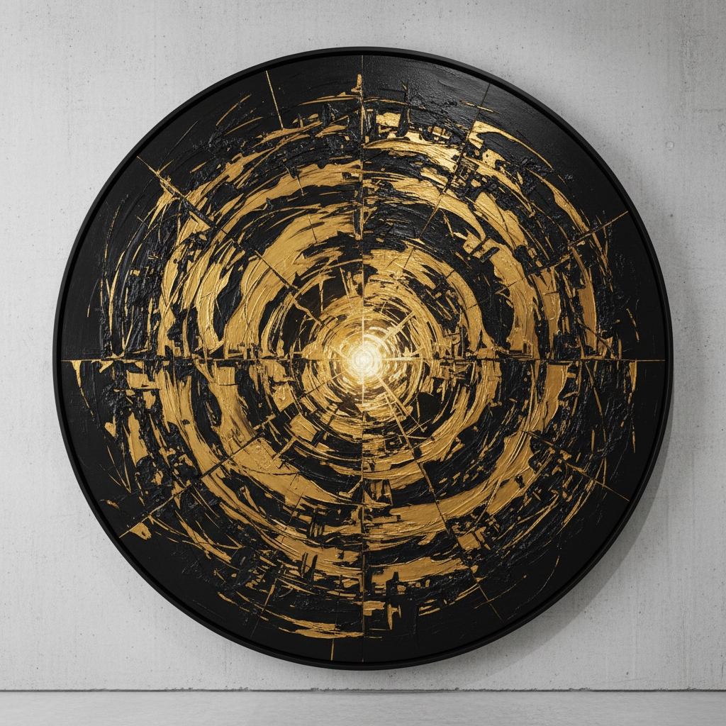 Striking circular abstract in deep gold and black — large-scale collector piece