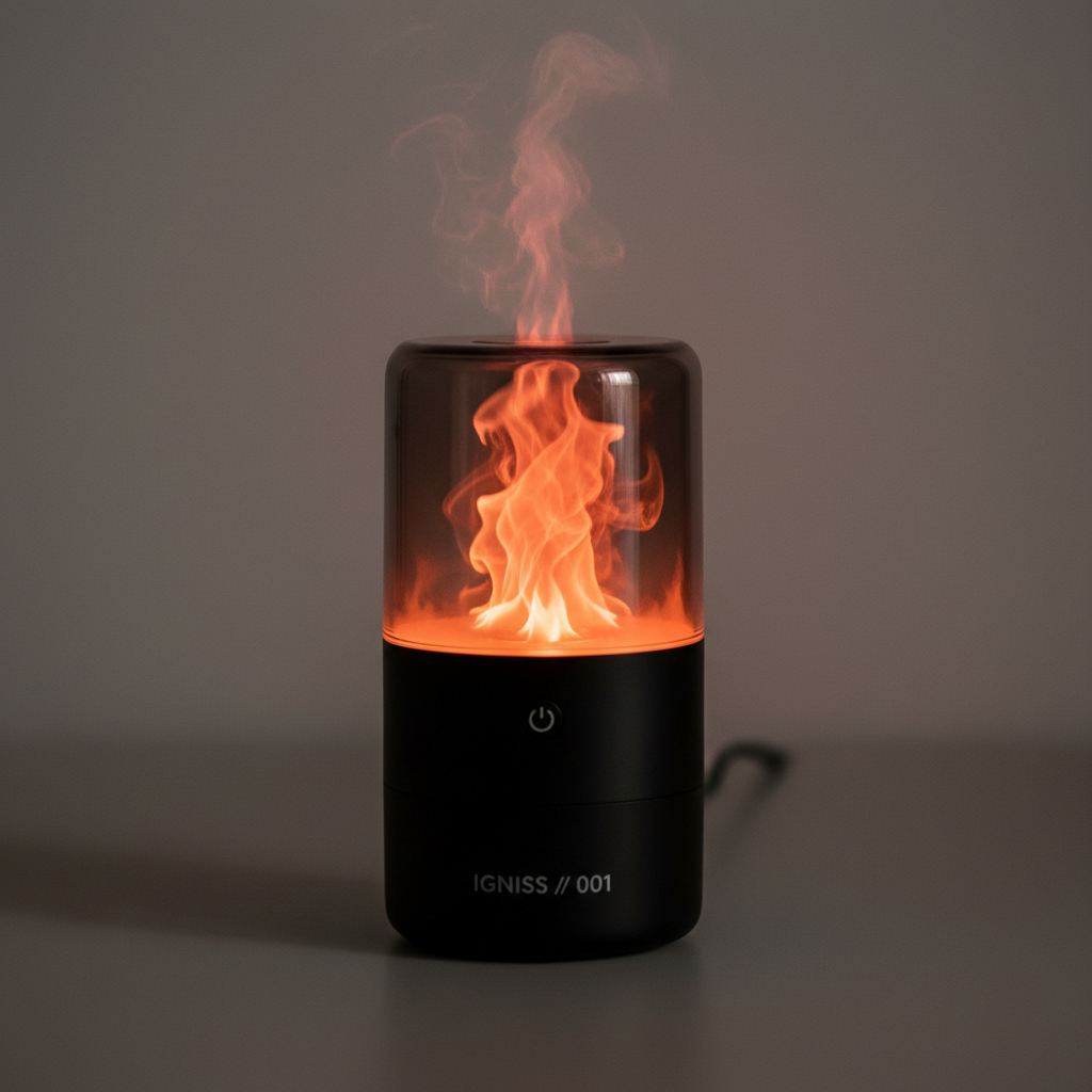 IGNISS // 001 flame-effect diffuser with visible mist and fire-style lighting
