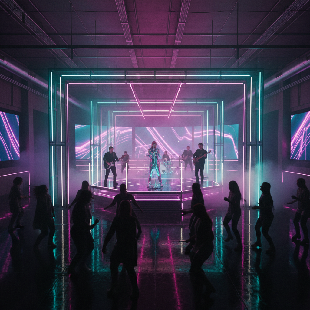 Neon-drenched music video set with pink and teal light tubes framing a central performance platform