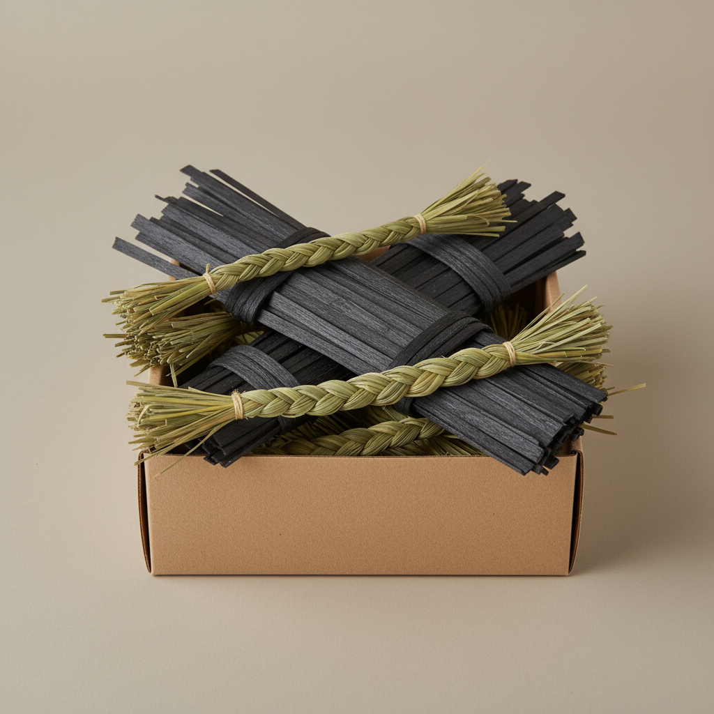 Traditional black ash splints and sweetgrass bundles arranged in a kraft box