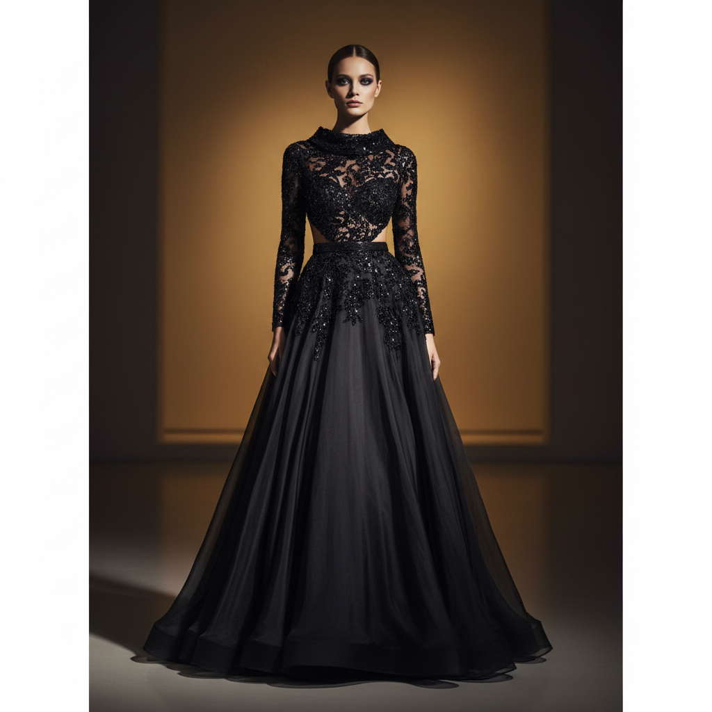 Traditional African fashion model wearing elegant ceremonial gown, dark atmospheric studio lighting, deep shadows