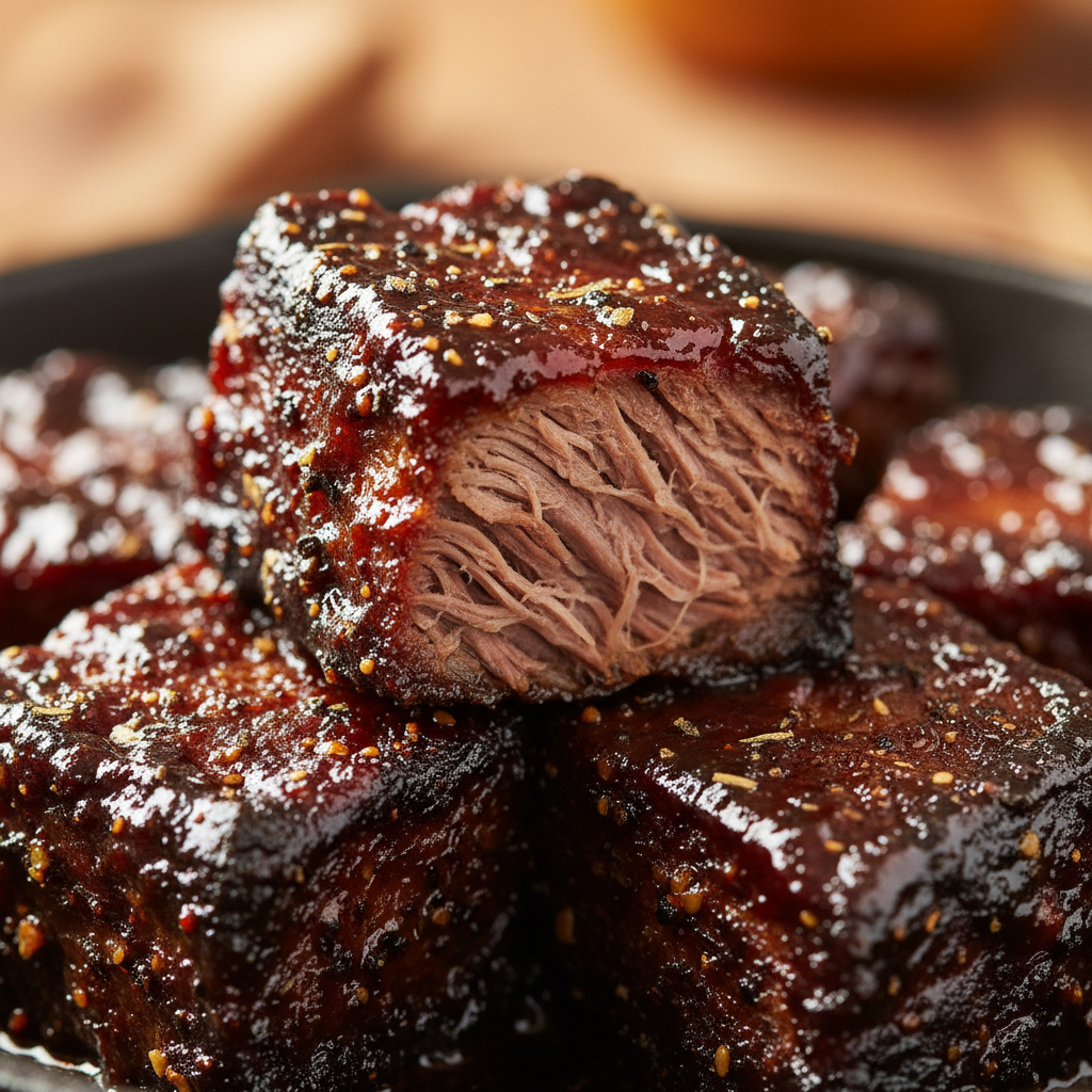 Caramelized pork belly burnt ends with charred edges glistening in a dark ceramic bowl