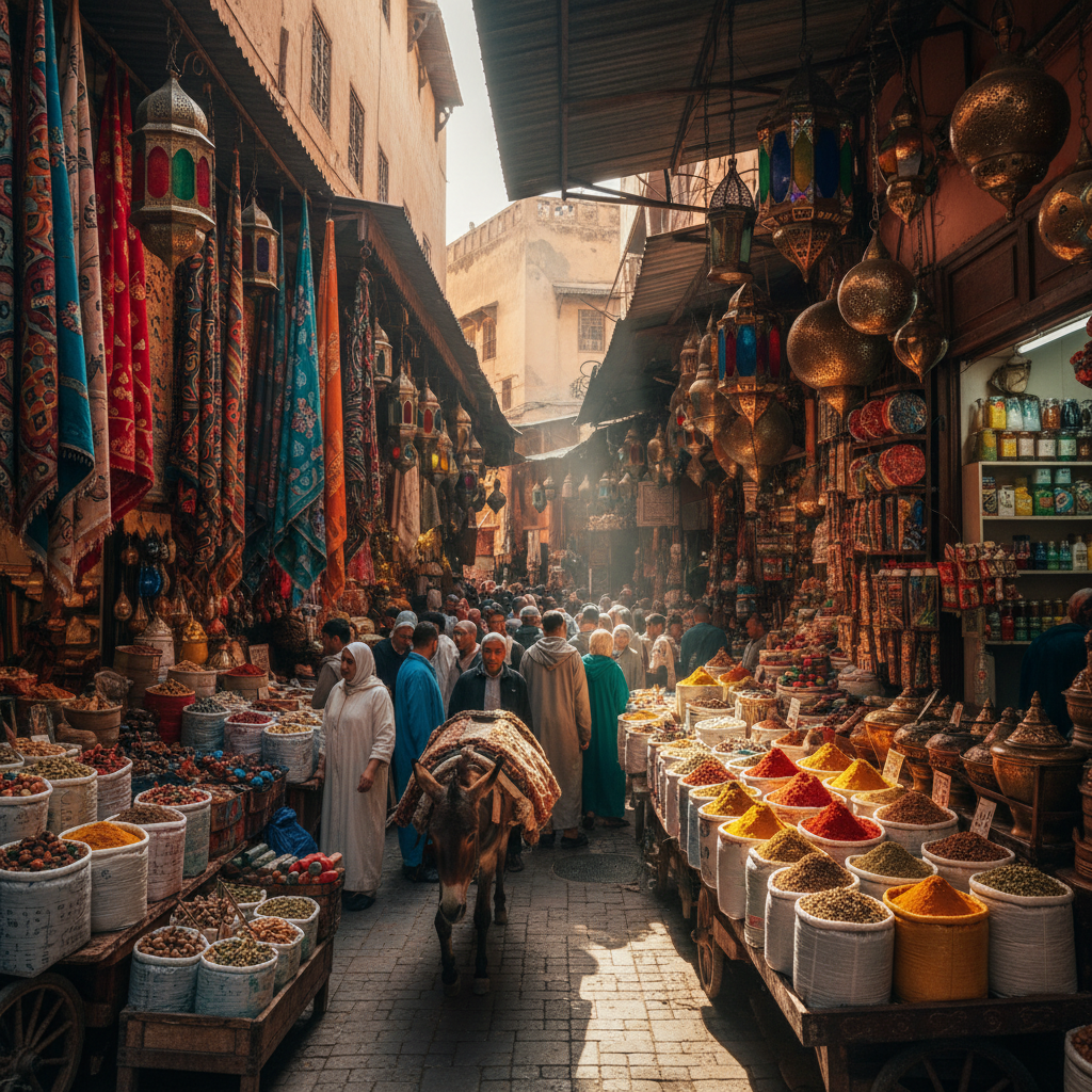 Medina de Marrakech con callejuelas coloridas, telas colgadas entre edificios, luz cálida de tarde