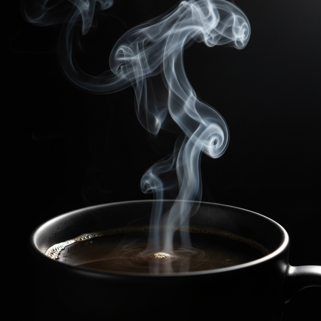 Steam curling upward from a freshly brewed dark coffee in extreme slow motion, white vapor against absolute black background in studio lighting