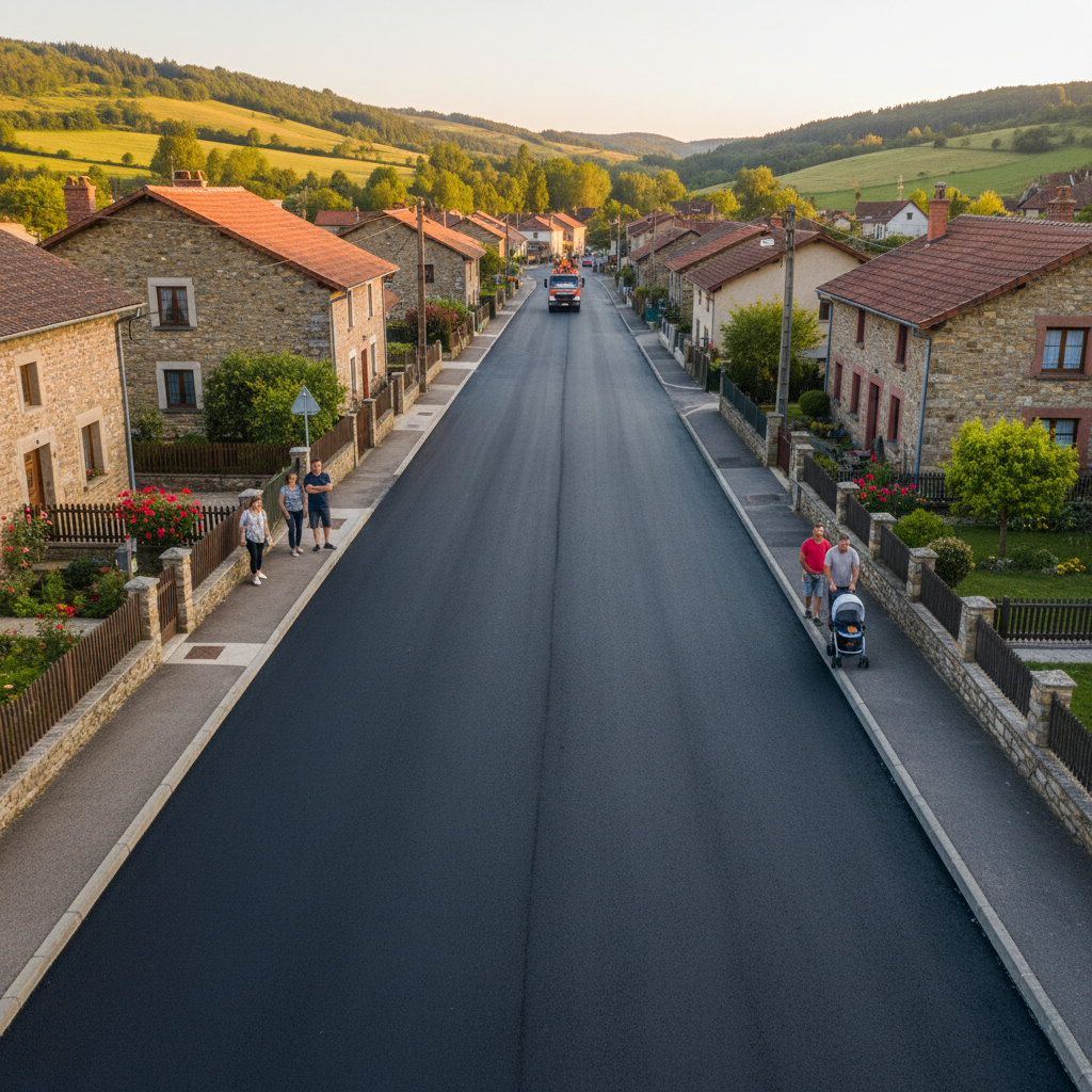 Newly paved road through rural African landscape with villagers walking alongside and vehicles traveling on smooth asphalt