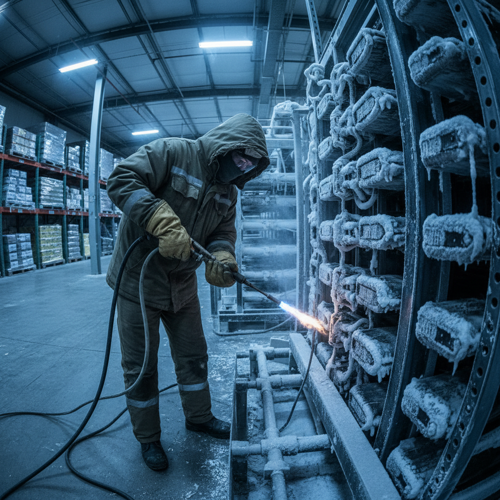 Technician in cold weather gear working on industrial refrigeration coils in a sub-zero warehouse at 3 AM