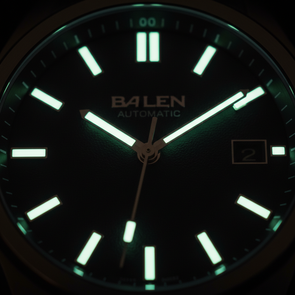 Luminous dial shot in a dark room, tritium plots glowing warm green-white, extreme close-up showing the texture of the applied indices