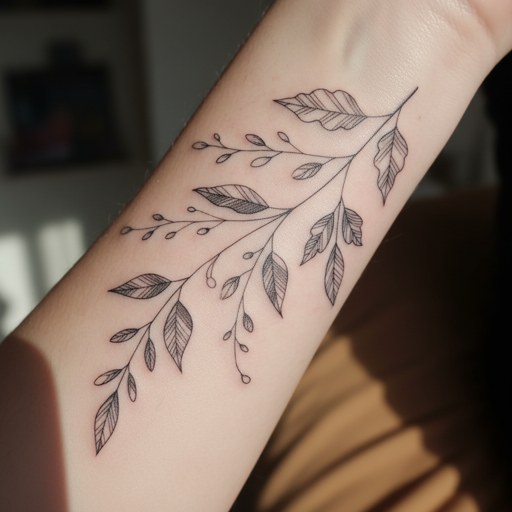 Delicate fine line botanical tattoo on inner forearm, fully healed