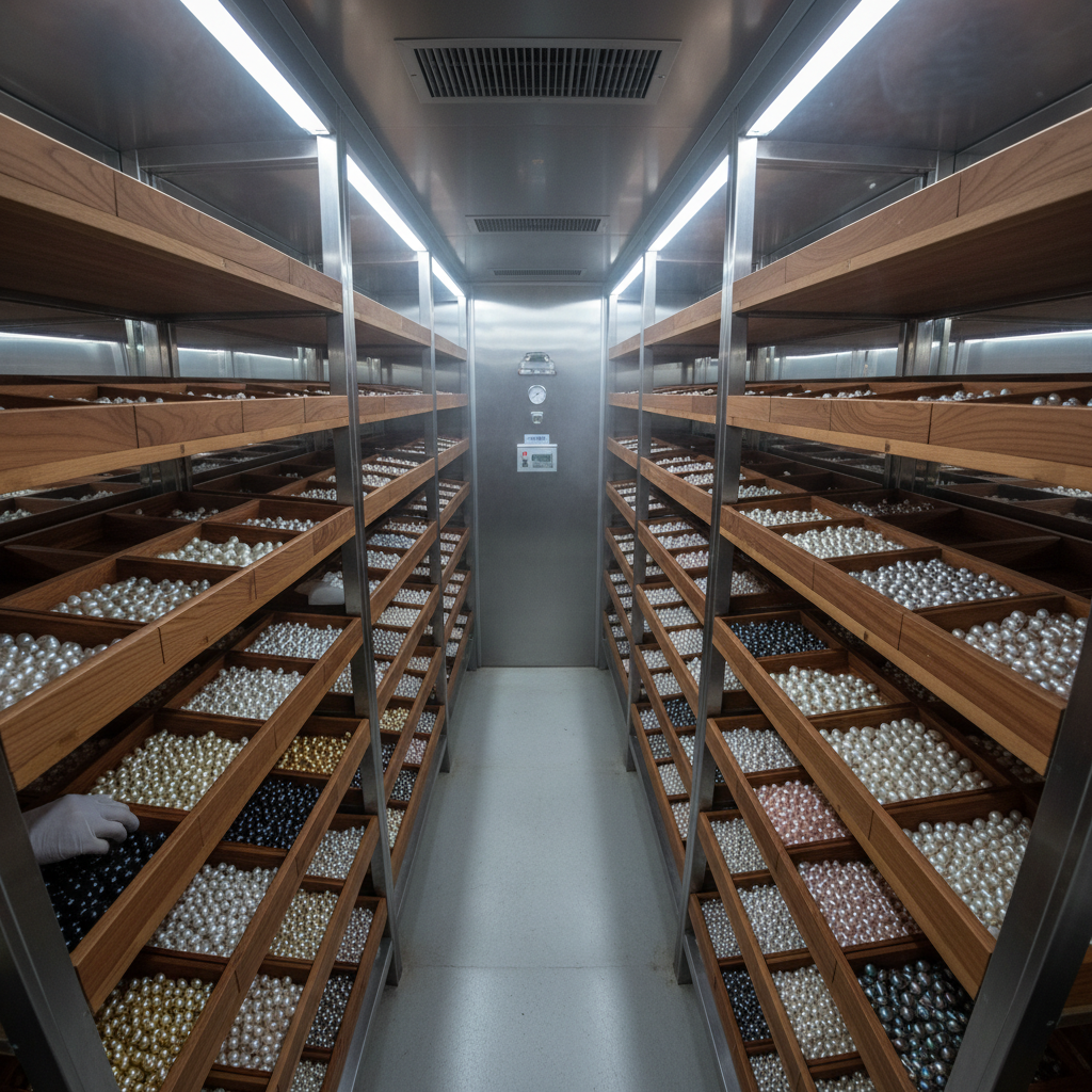 Climate-controlled storage vault interior with organized art crates and soft amber lighting