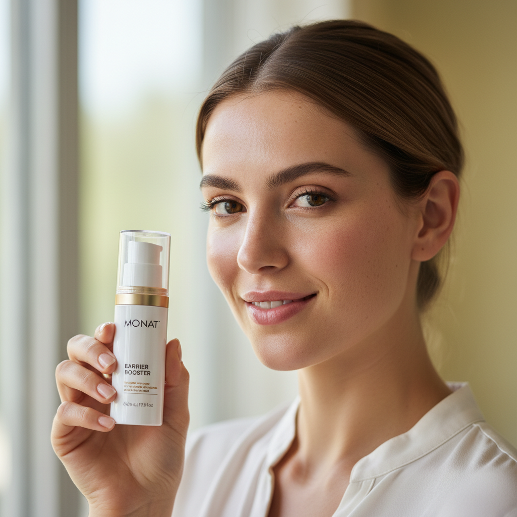 MONAT Hautpflege — Frau mit Barrier Booster Skincare, strahlende Haut