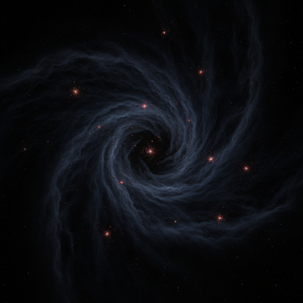 Dark cosmic digital artwork with swirling void patterns and faint gold star clusters, deep space atmosphere
