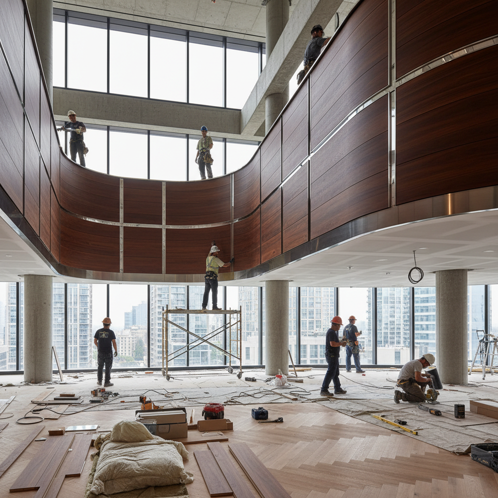 Construction workers installing wooden flooring in bright modern renovation site