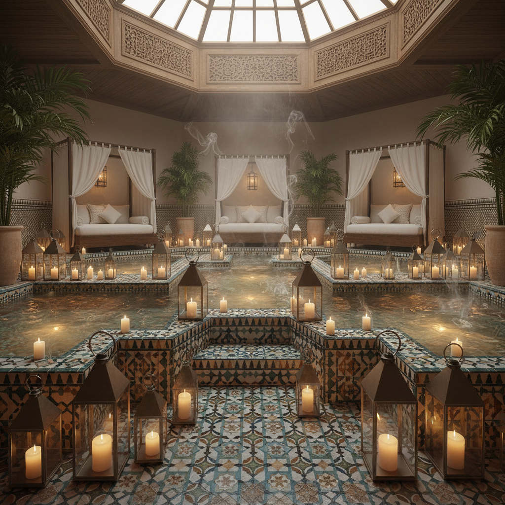 Luxurious royal Moroccan bath setup with rose water, gold bowls, and candles