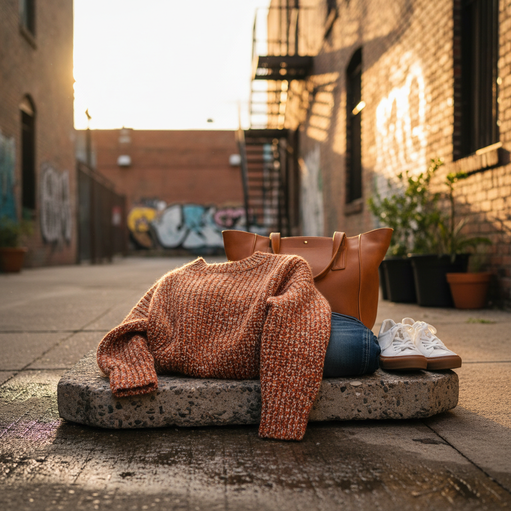 Fashion product styled in urban lifestyle setting with warm lighting