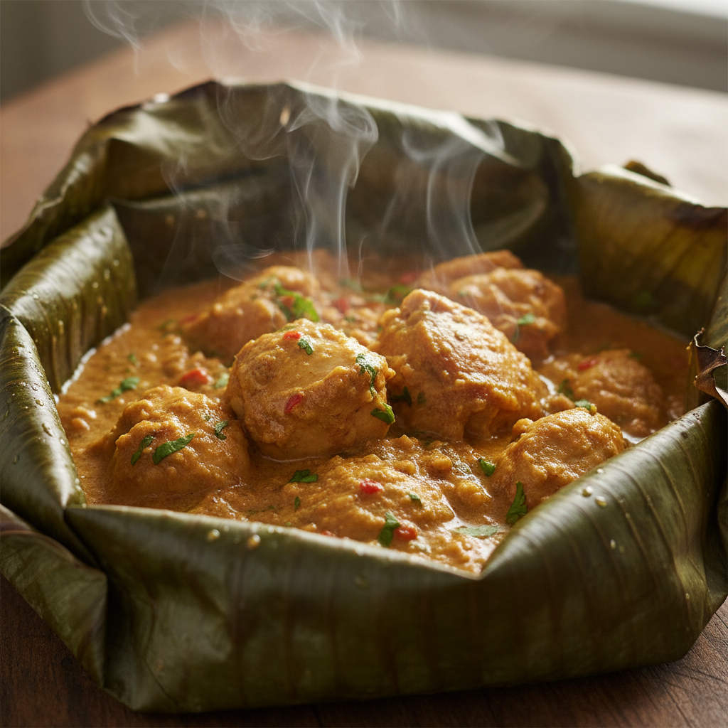 Open banana leaf parcel revealing golden groundnut chicken Luwombo stew with steam rising