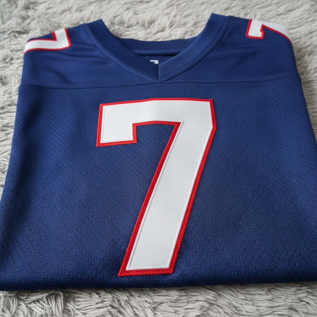 Maillot de football bleu et blanc plié sur table