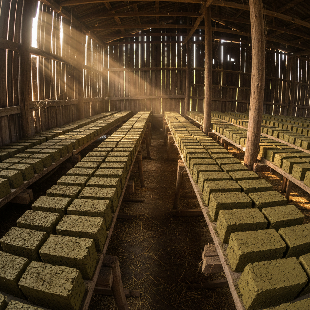 Rows of unfired green bricks stacked on wooden drying racks in a barn, warm afternoon light filtering through gaps in the timber walls