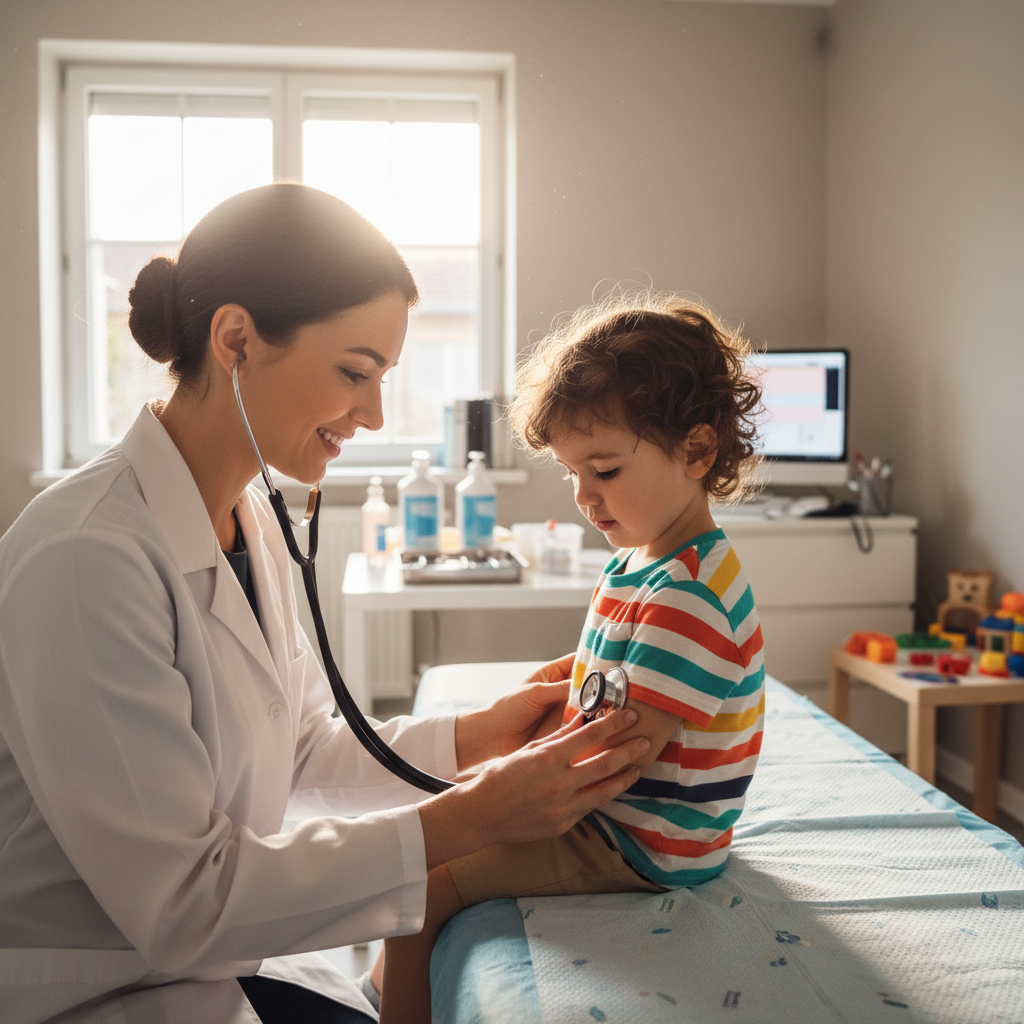 Doctor examining a child patient in a clean medical setting, white coat, caring expression