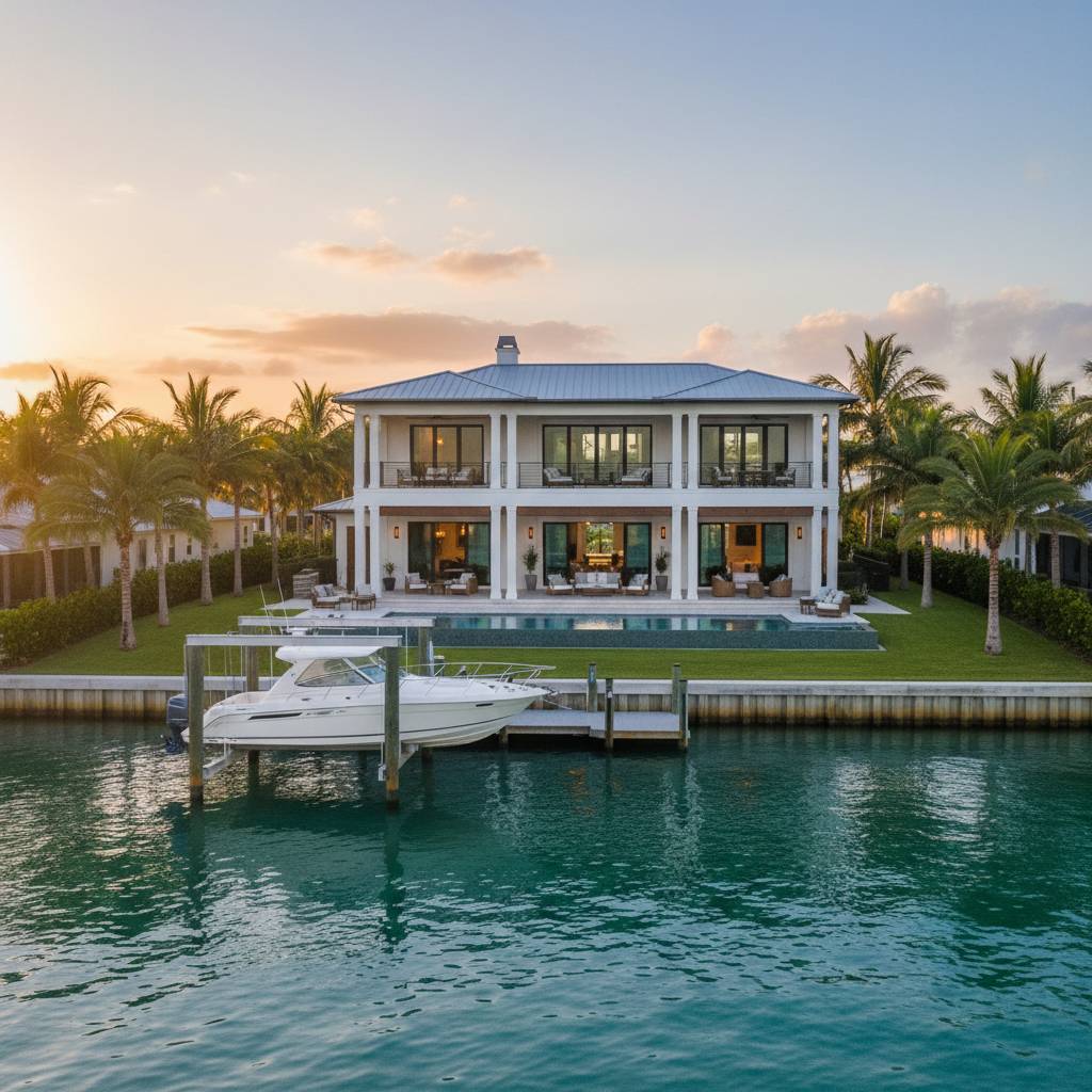 Luxury waterfront home with private dock, turquoise Gulf water, and lush palm trees in warm golden light