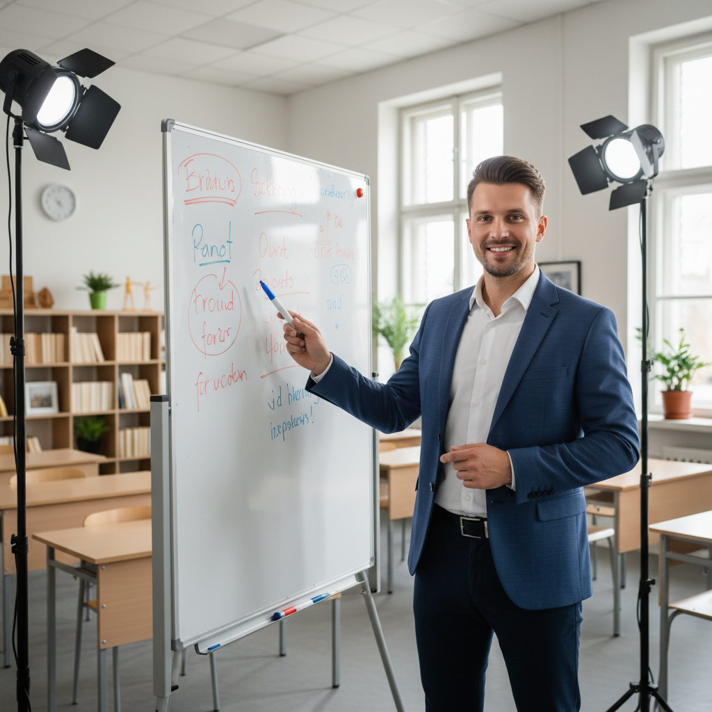 Male teacher in formal attire standing confidently in bright classroom with whiteboard