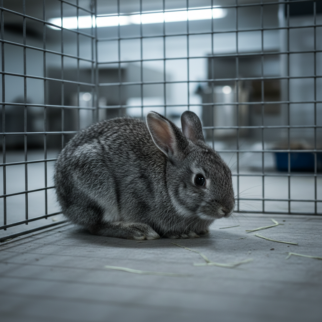 A small grey rabbit sitting hunched in a sparse shelter cage under harsh fluorescent light, looking nervous