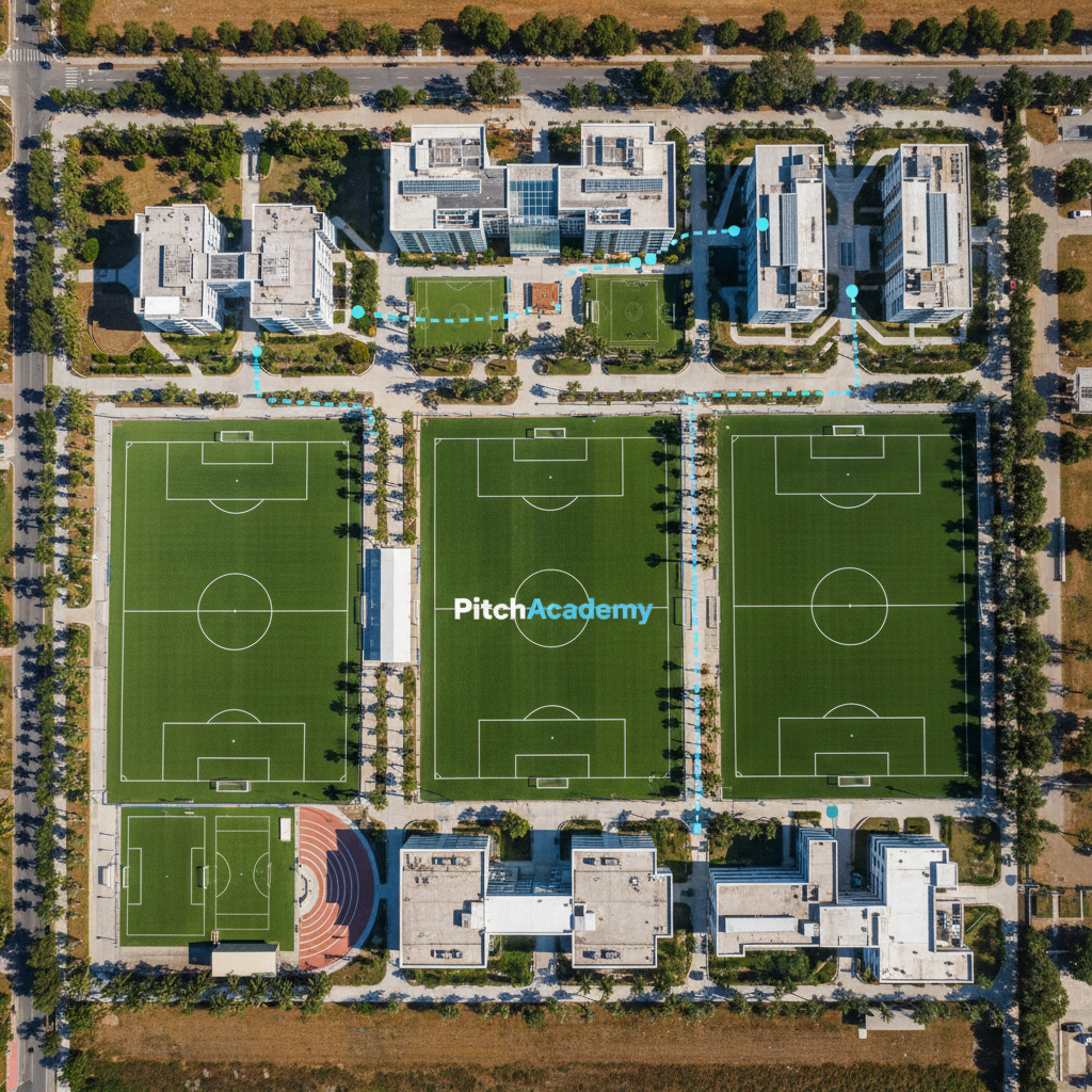 Aerial drone shot of PitchAcademy campus grounds showing training pitches, dormitories, and classrooms with trail lines showing a player's daily route