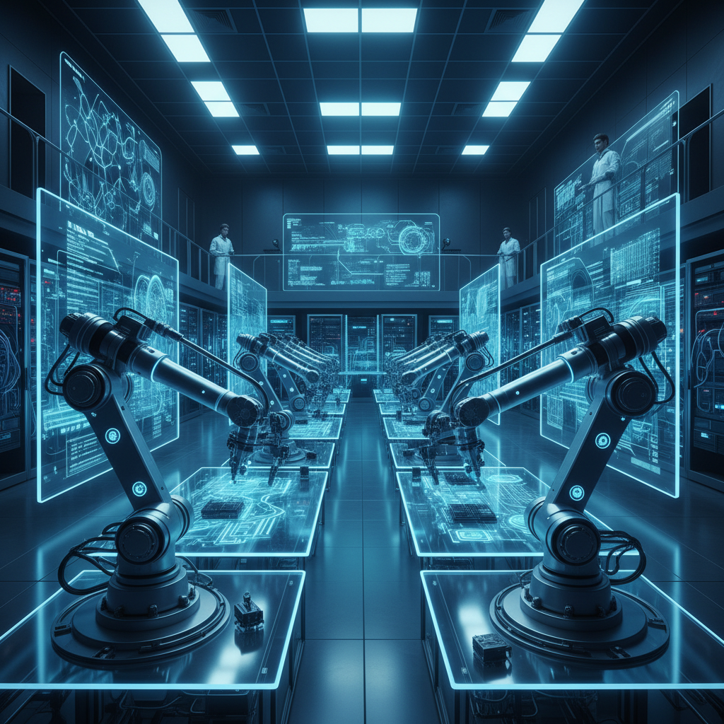 Laboratorio futurista con pantallas de código, redes neuronales y visualizaciones de inteligencia artificial en ambiente oscuro