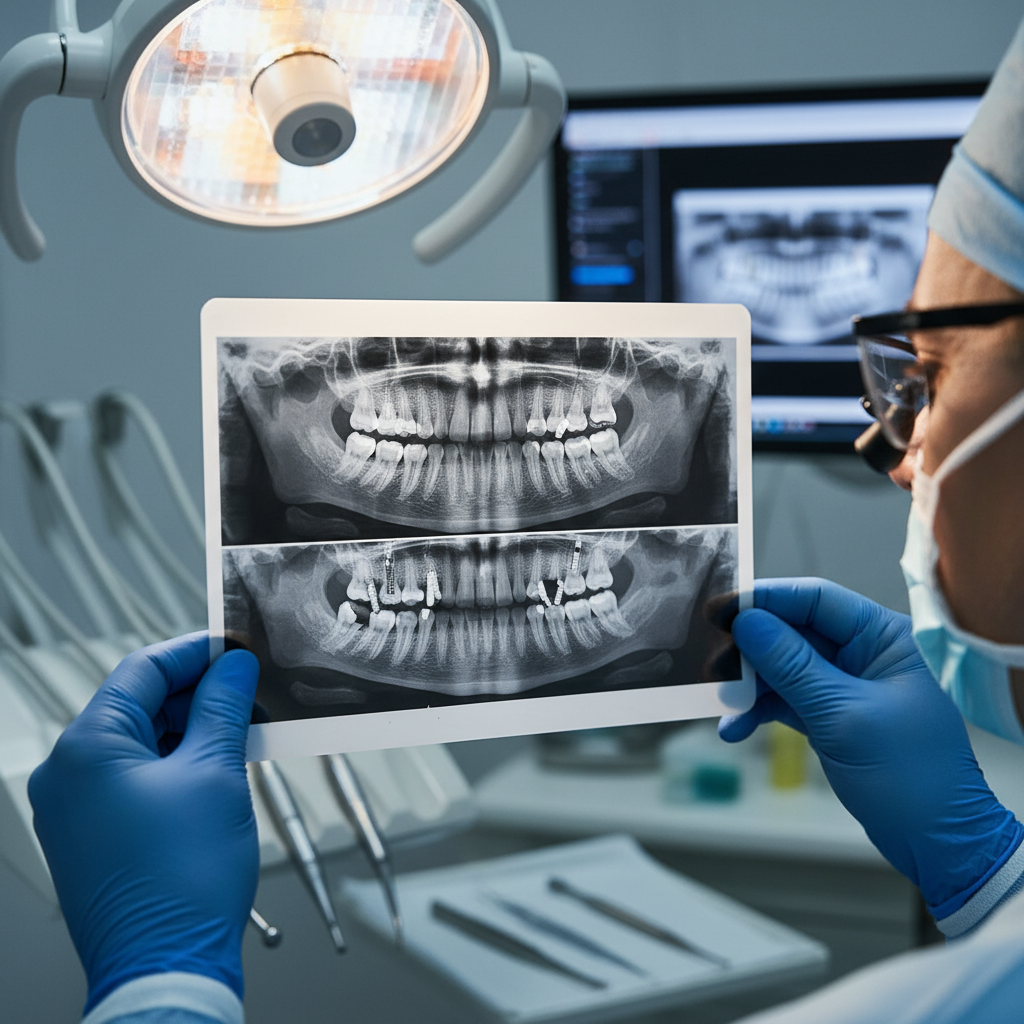 X-ray image showing properly integrated dental implants in upper and lower jaw