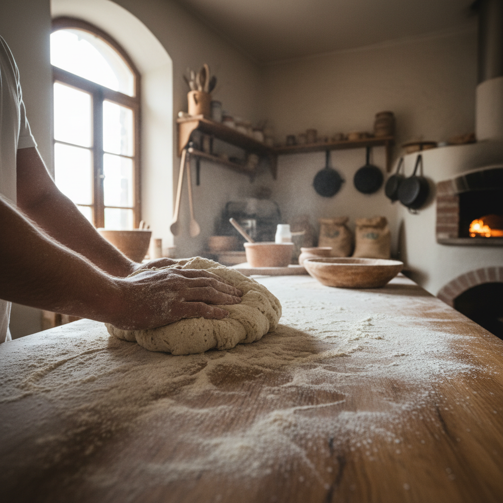 Baker hands kneading fresh dough on flour-dusted wooden table in traditional bakery kitchen