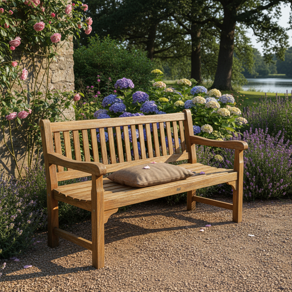 Garden patio with teak wooden bench in soft afternoon sunlight