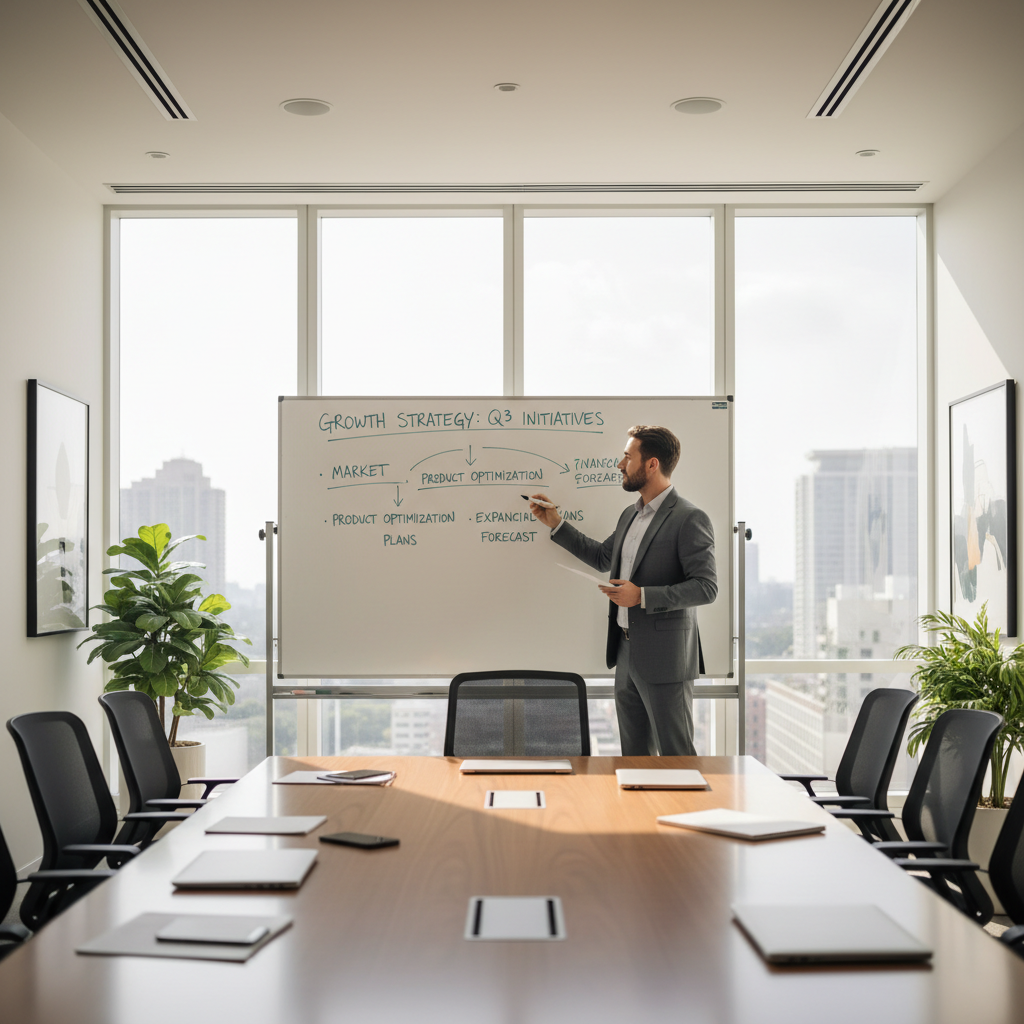 Business consultant presenting strategy in a modern bright office with whiteboard and laptop