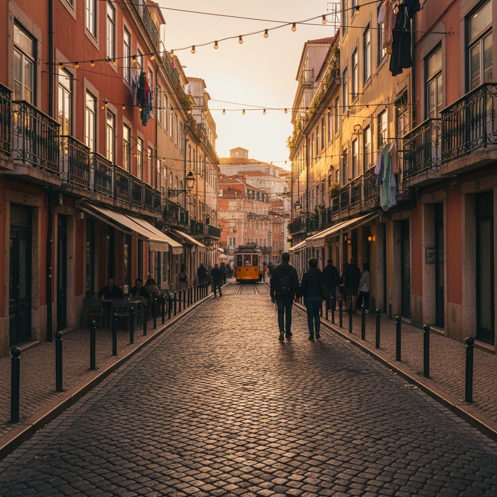 Narrow cobblestone street in Lisbon at golden hour with warm terracotta buildings and string lights overhead