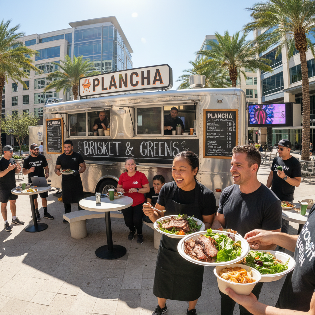 Plancha food truck at The Domain Austin serving CrossFit regulars and tech workers with brisket and greens