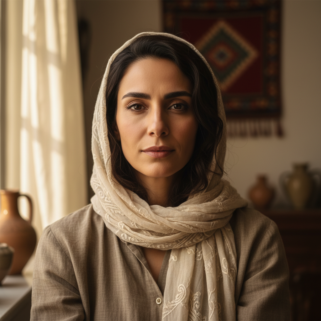 Nour, a Syrian woman in her thirties, photographed in warm natural light with a direct, confident gaze