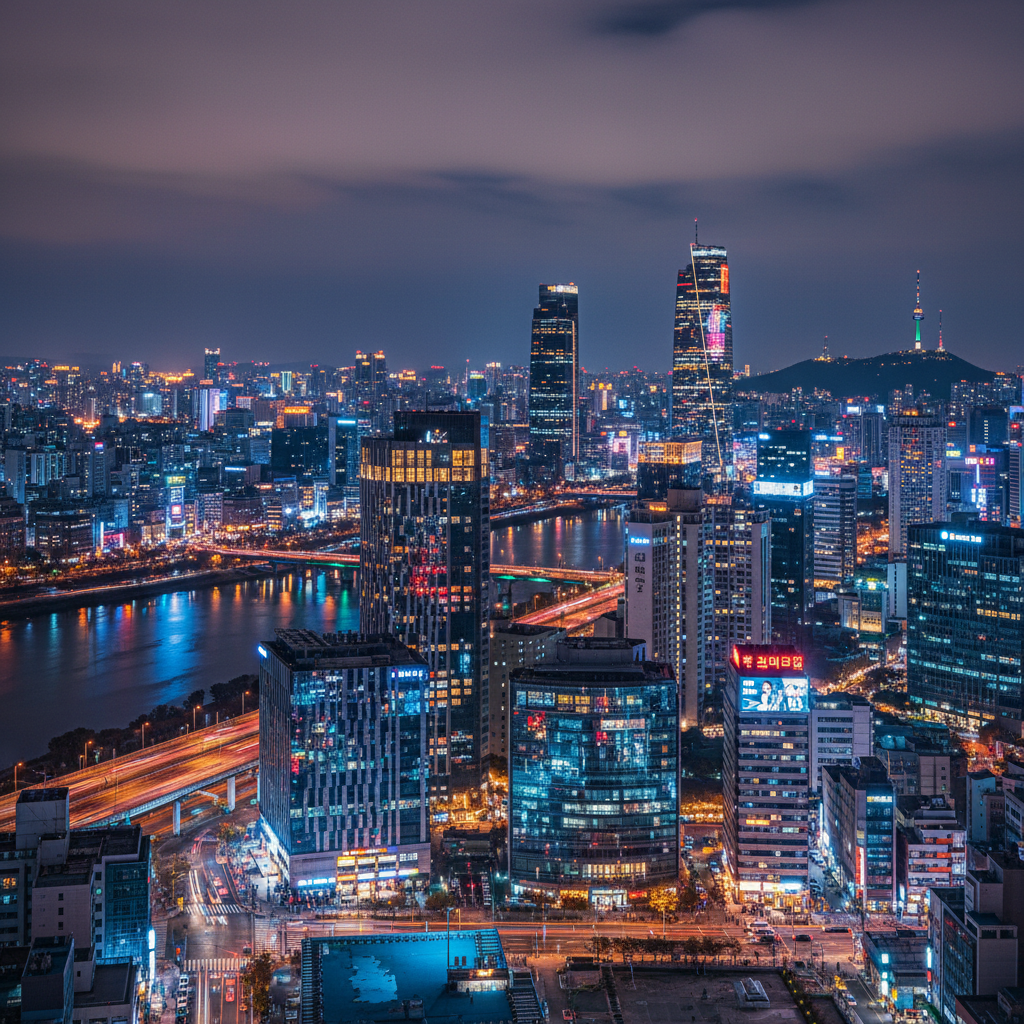 Vibrant Korean city nightscape with neon lights, colorful urban atmosphere, cinematic wide shot, rain-slicked streets