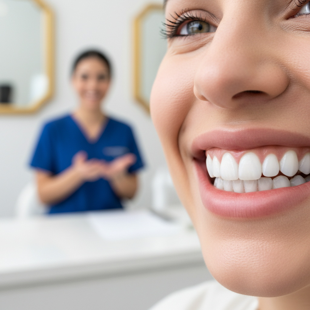 Close-up of healthy bright white teeth and a confident smile, clean dental result, warm studio lighting, dark background