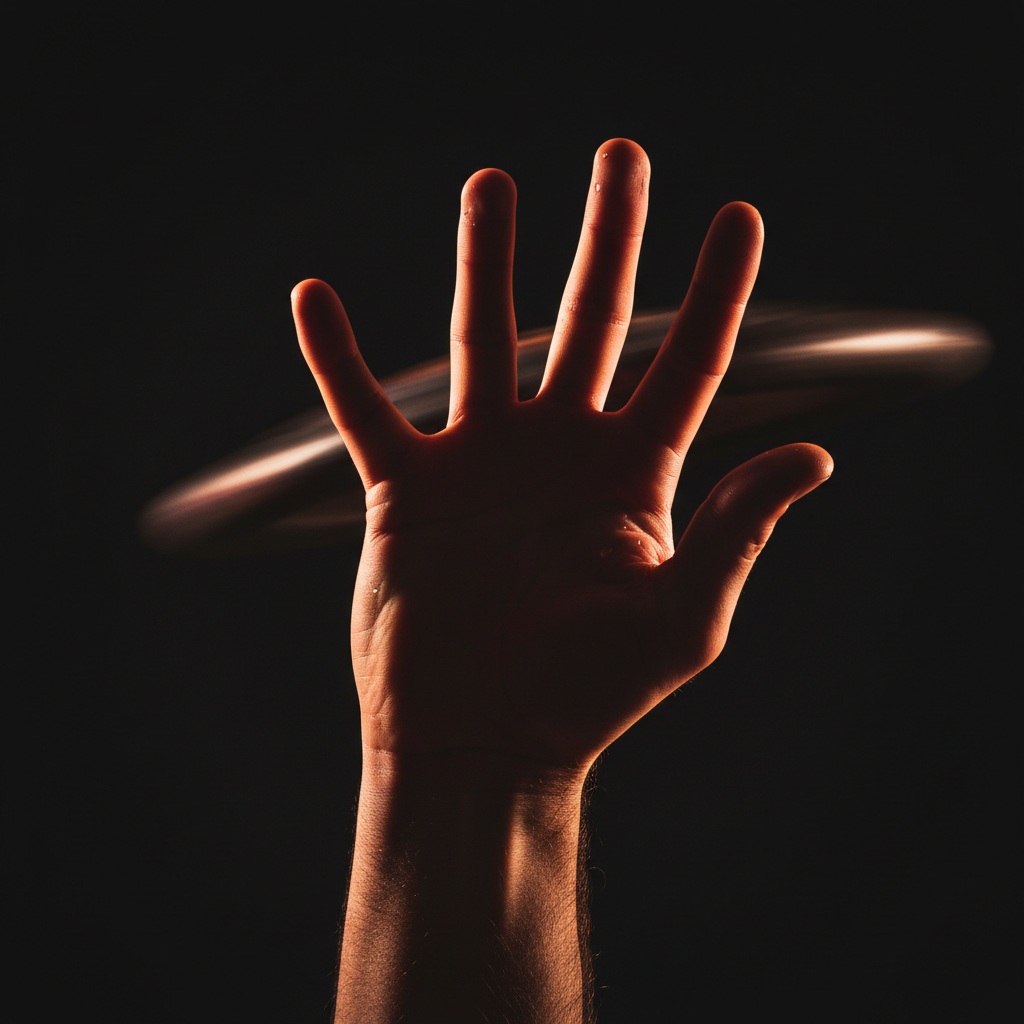 Athlete hand releasing a toss in dramatic under-light lighting