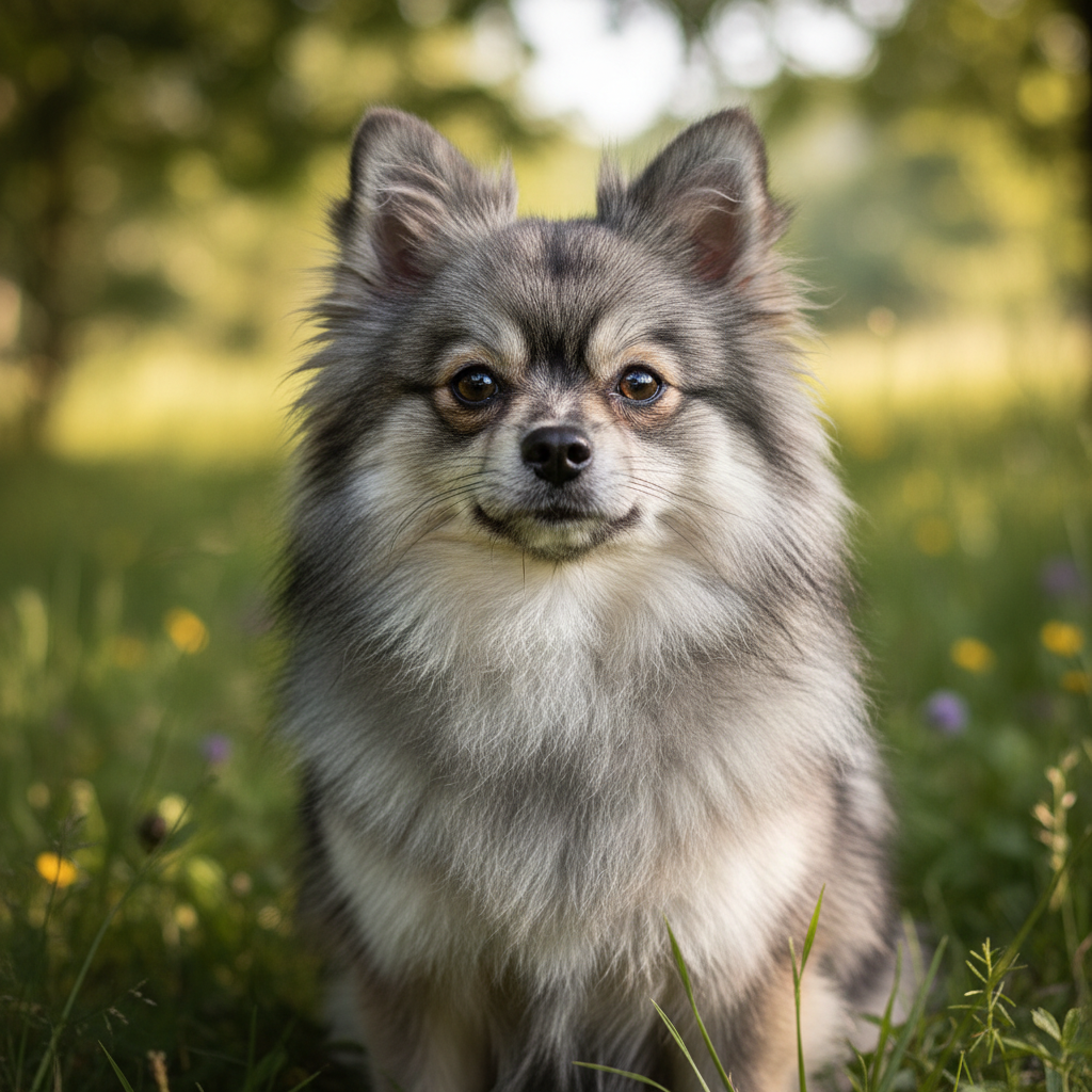 Fig, wolf sable Pomeranian male, silver-grey tipped coat, intelligent alert expression