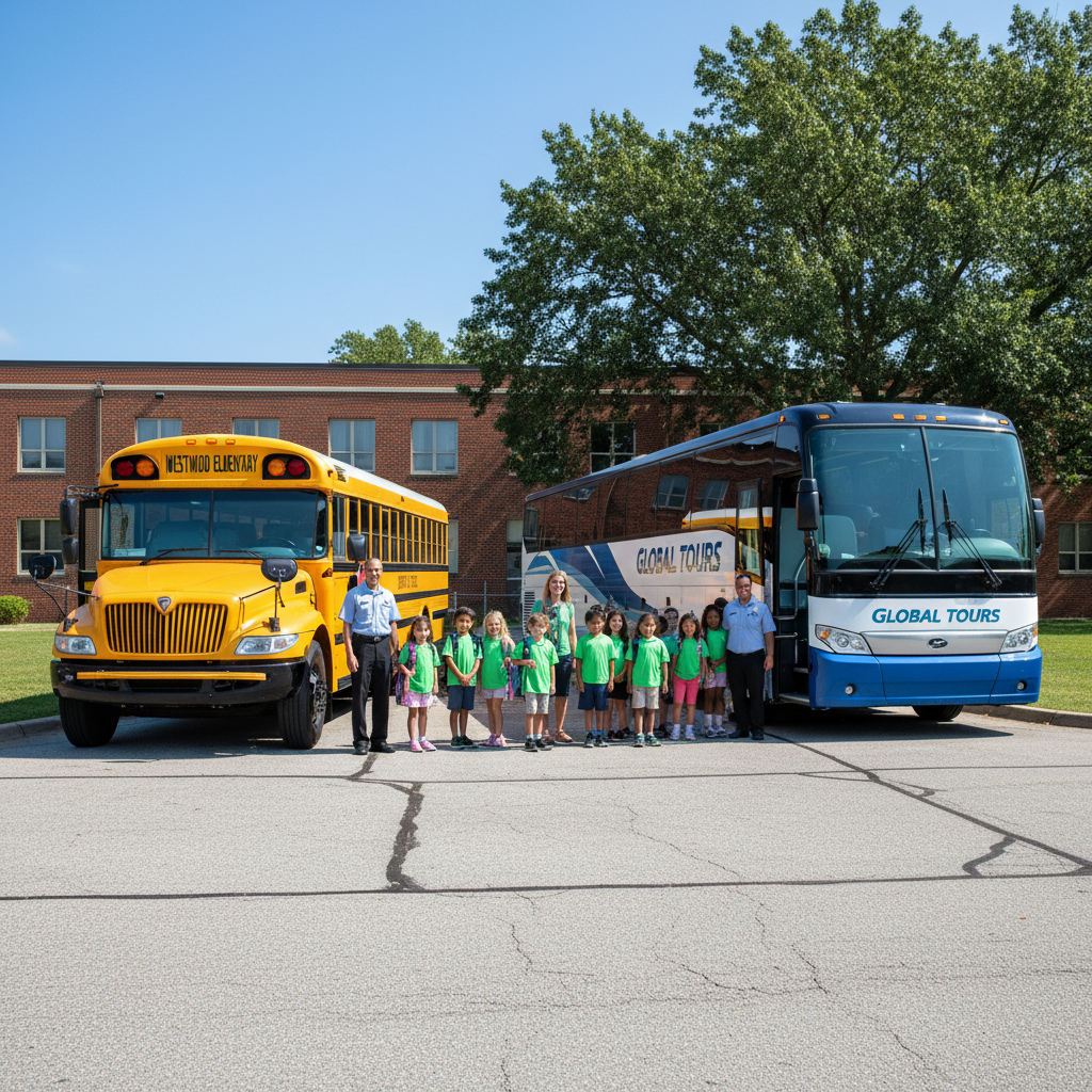 School bus and charter bus for student field trip transportation, safe group travel