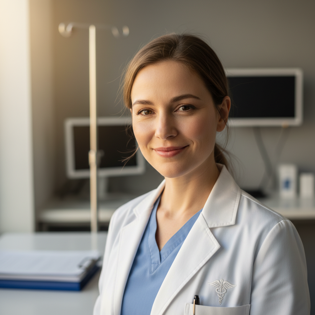 Médico profesional y cercano en consulta privada de calidad, ambiente cálido y luminoso