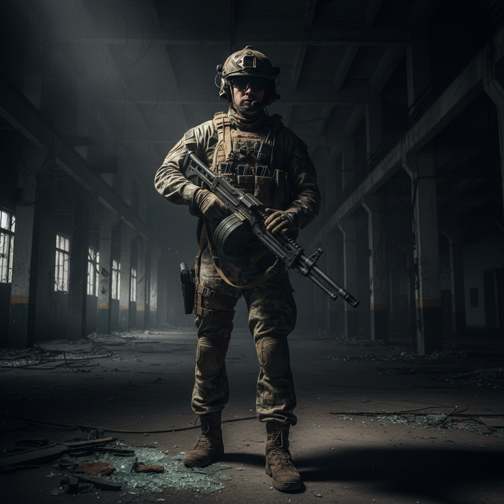 Heavy support operator with LMG and full tactical kit in dark environment, dramatic side lighting