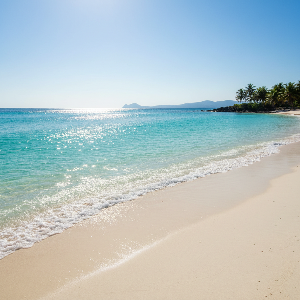 Pristine white sand beach in Samal Island with crystal clear blue waters and palm trees
