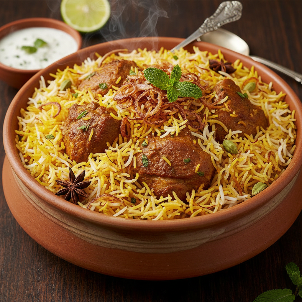 Fragrant chicken biryani with saffron rice whole spices and fried onions