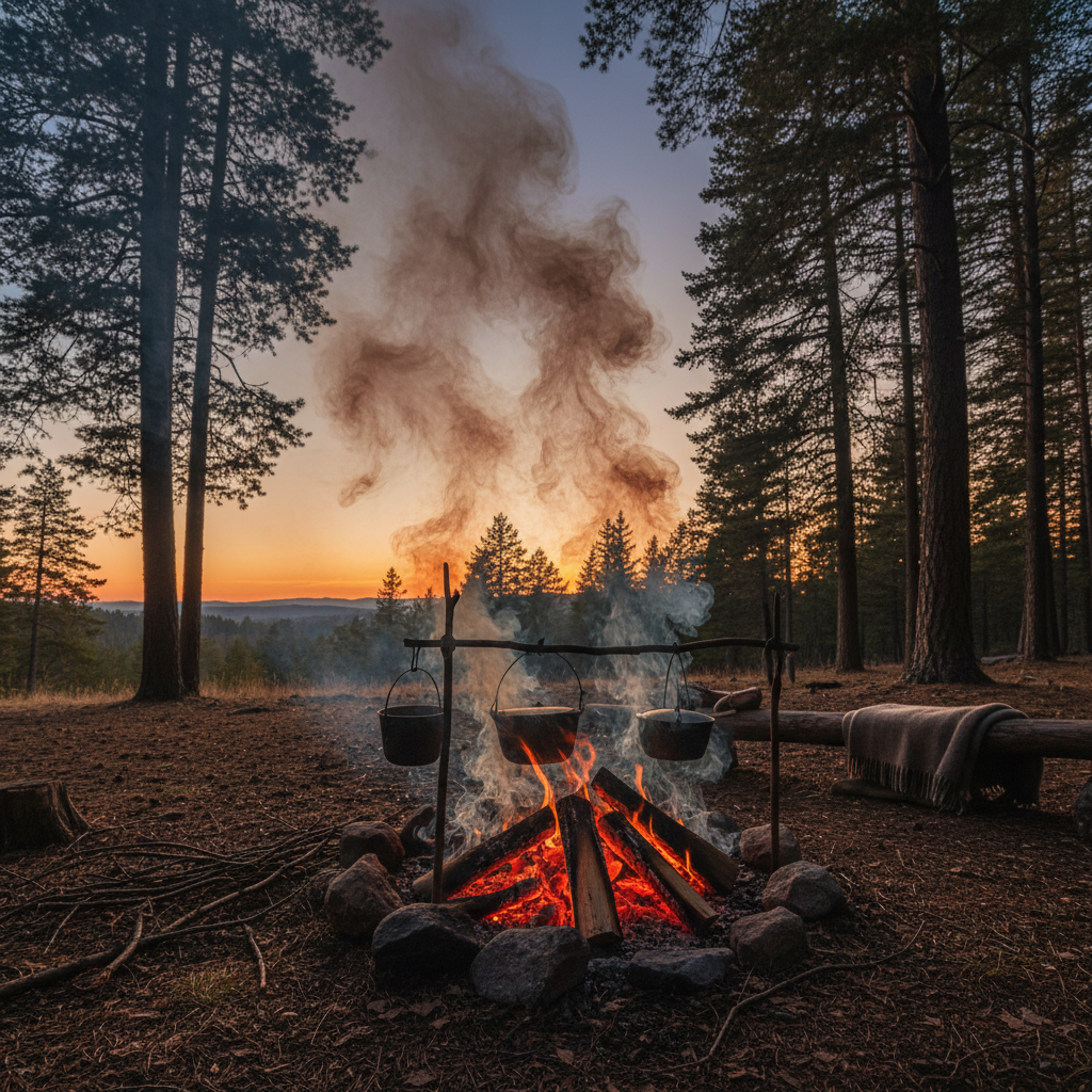 Smoke rising from a cooking fire at dusk