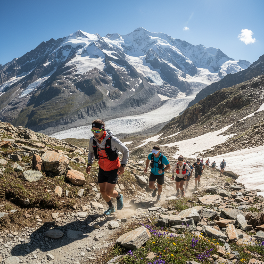Ultra trail runners on high alpine terrain near Mont Blanc with snow-capped peaks