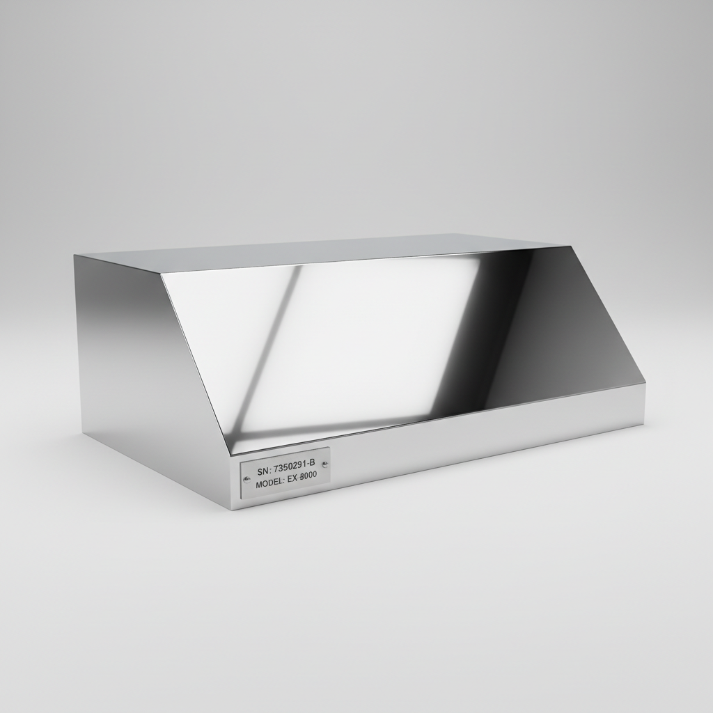 Commercial extraction hood polished to mirror finish with serial numbers legible after deep cleaning