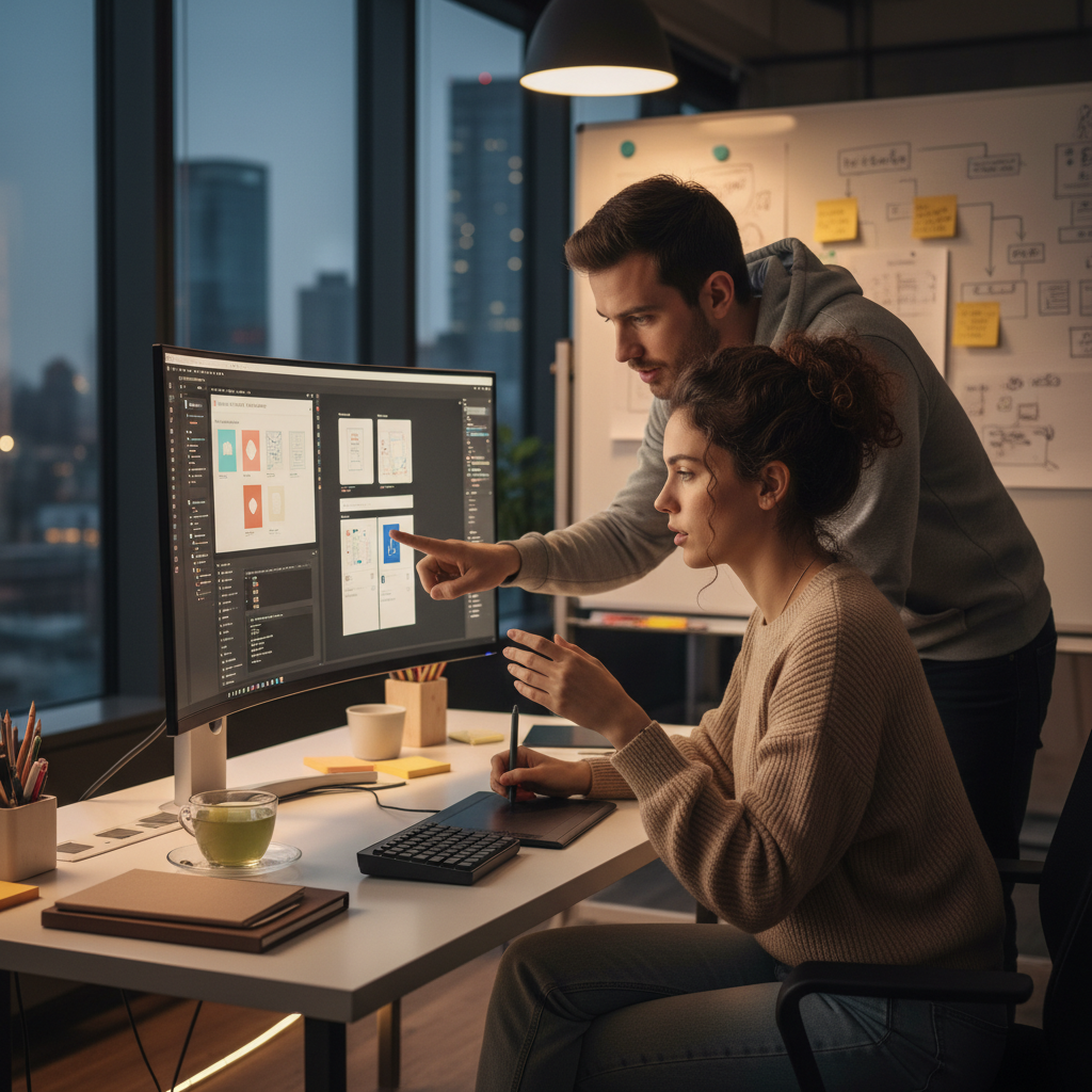 Two professionals collaborating at a desk reviewing digital content on a screen, warm office environment