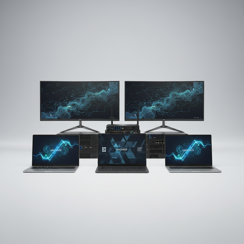 Computer hardware equipment including laptops and peripherals on display