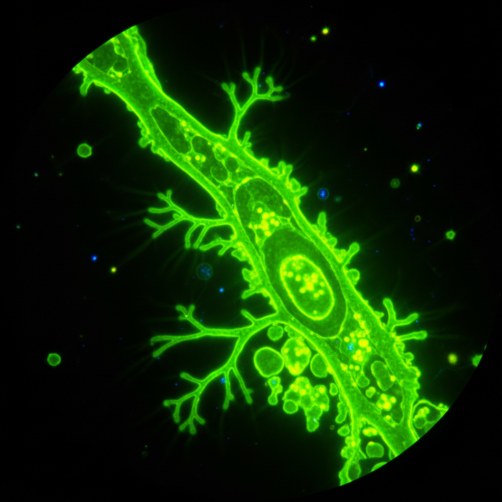 Fluorescent probe glowing neon green under microscopy illumination on dark background