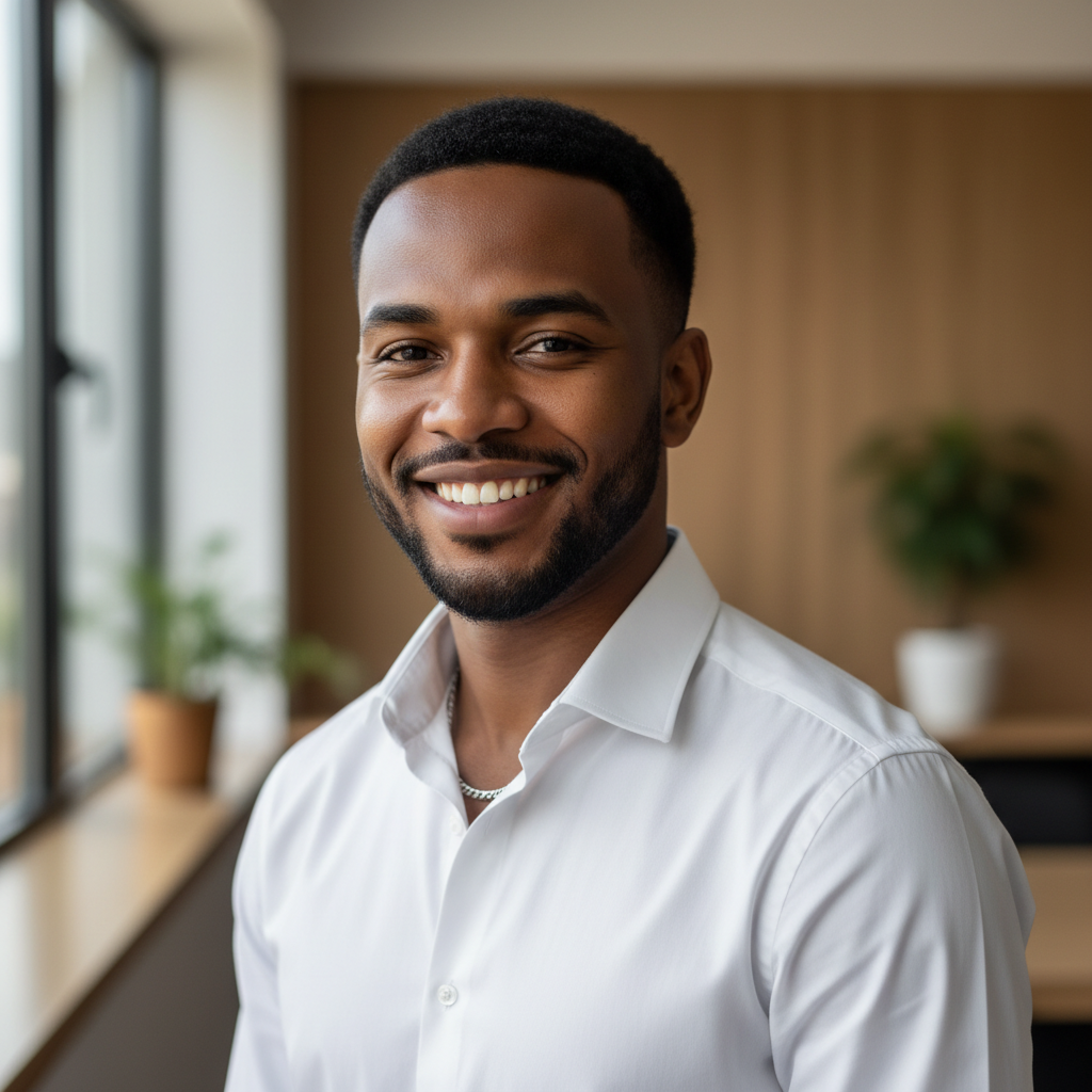 Young Gabonese man in white shirt, warm smile, bright daylight background